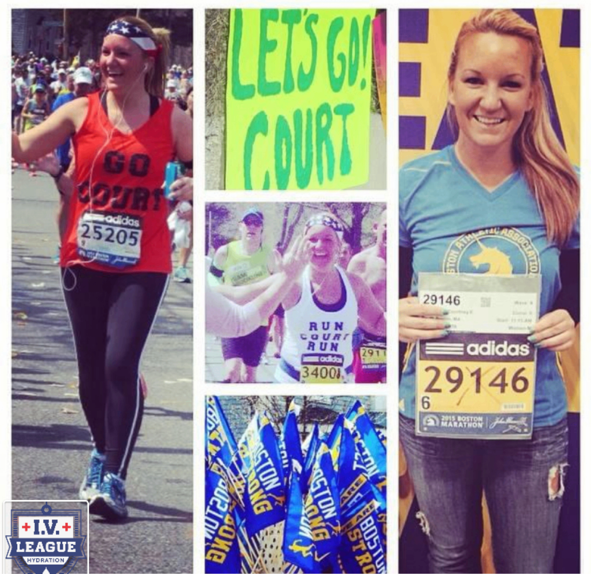 Collage of four Boston Marathon race bibs numbered 25205, 34001, and 29146, plus a handmade 'Let's Go Court' spectator sign cheering Courtney on