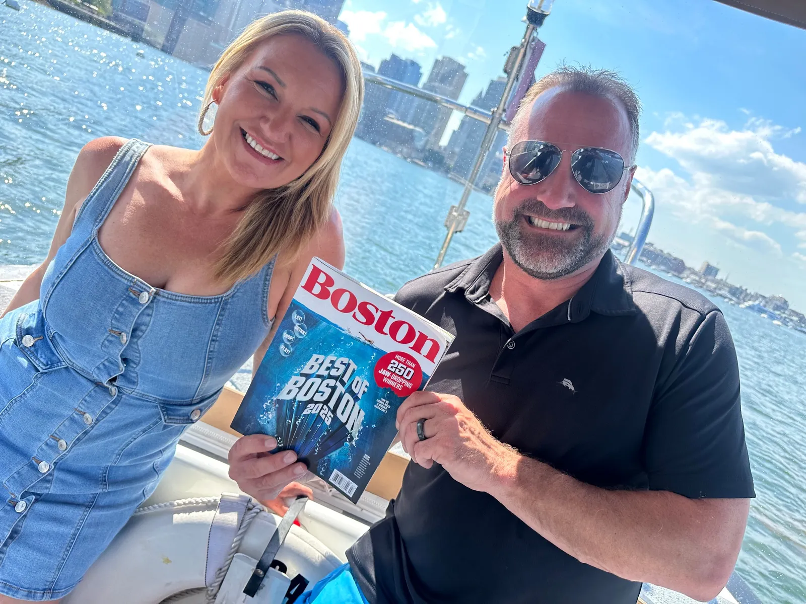 IV League Hydration founders with the Best of Boston 2025 issue on Boston Harbor