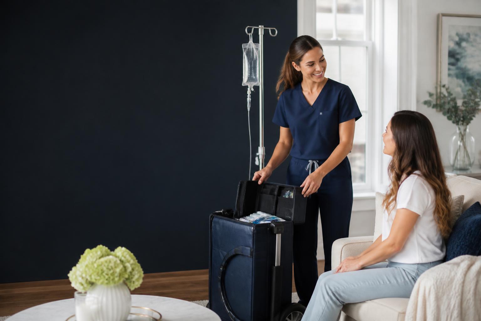 Licensed IV League nurse arriving for an IV house call with a client at home
