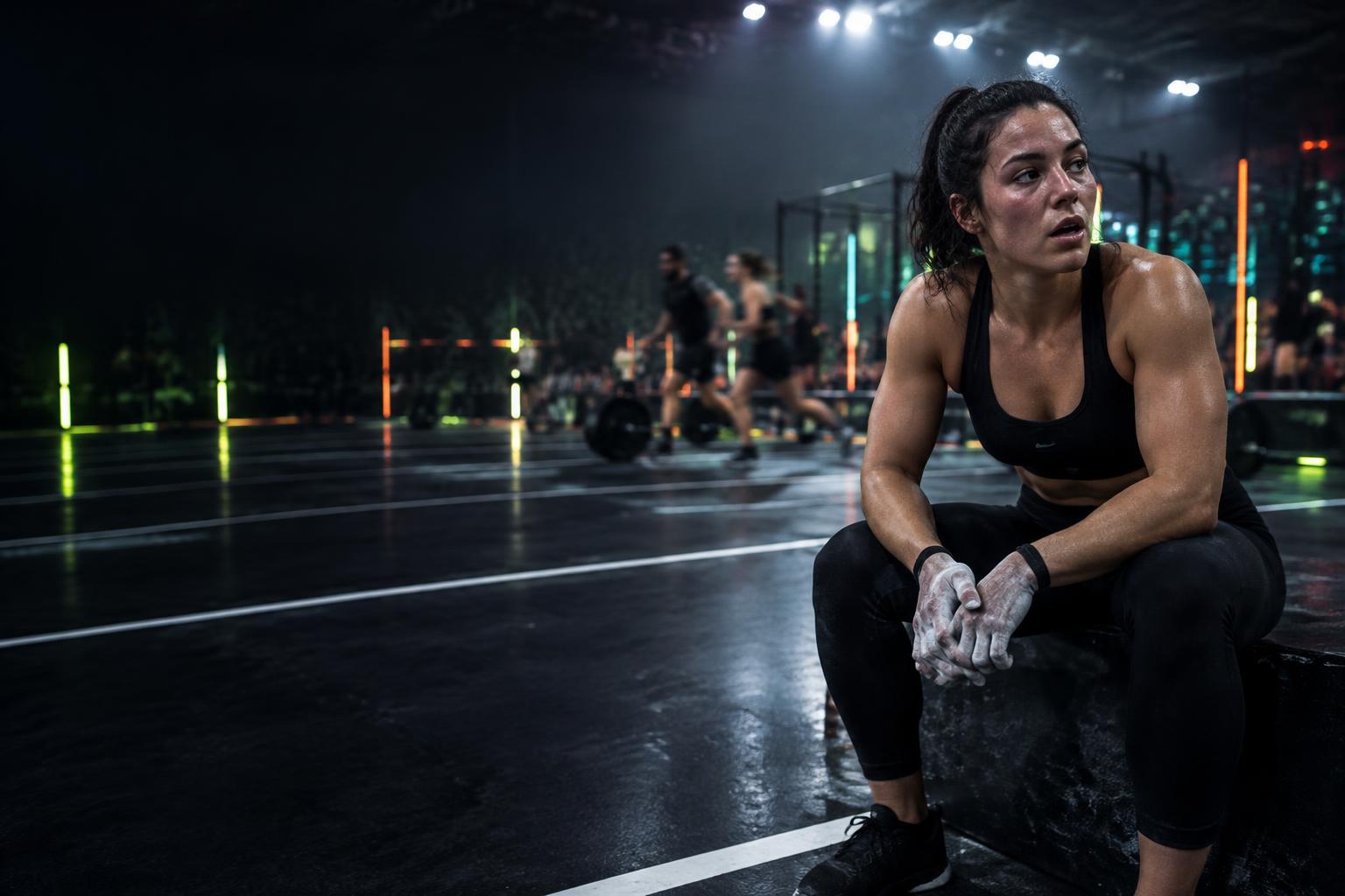 Athlete resting on a race floor between HYROX events