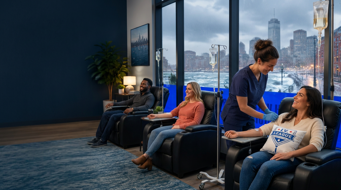 Guests receiving nurse-led IV hydration inside a Boston wellness lounge during a Nor'easter